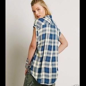 Free People Blue and Cream Plaid Button Down Shirt